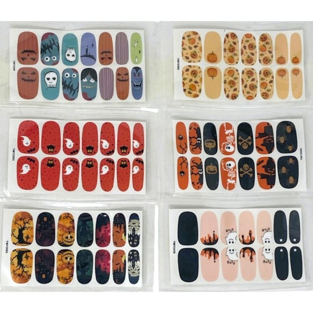 NWT ~ 6 Sets HALLOWEEN Nail Wraps Fall Stickers ~ Pumpkin Bat Ghost Owl Skeleton